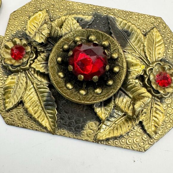 Art Nouveau Vintage Antique Bohemian Czech Garnet Red Glass Brass Sash Buckle - Picture 3 of 8